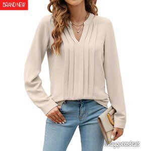 Long Sleeve V Neck Pleated Blouse Business Casual Tunic Top